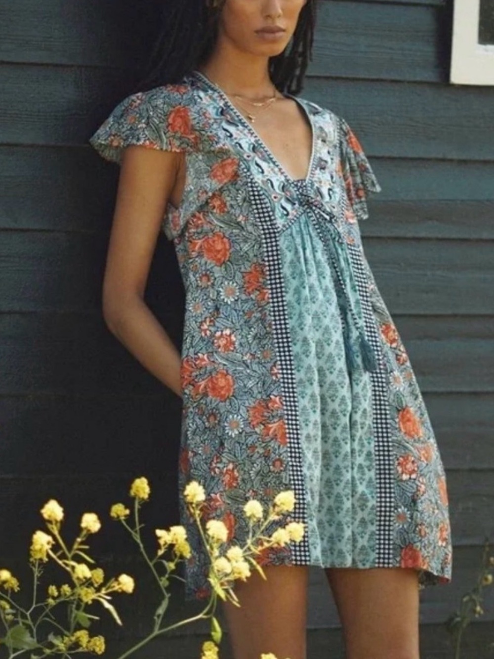 Anthropologie Astrid Tunic Dress Small Boho Floral Tassel Mini